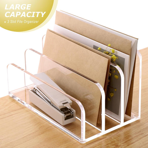 SANRUI Acrylic Mail File Organizer, 3 Upright Compartments, Clear Desktop Vertical Letter Holder for Office, Home