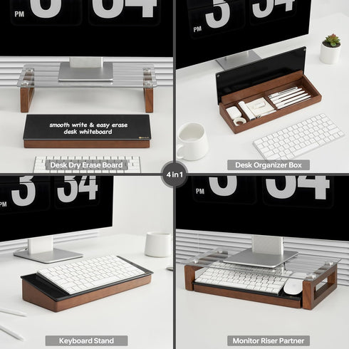 Desktop Black Glass Dry Erase Board with Wood Organizers for Small Office Supplies, Drawer Included