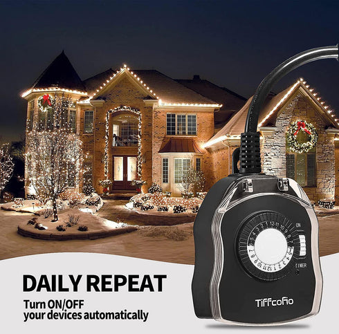 Outdoor Timer Outlet, 24 Hour Mechanical Timer for Pool Pump, Outdoor Light Timer Waterproof with 2 Grounded Outlets