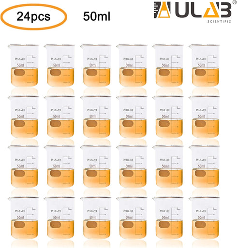 ULAB Scientific Glass Beakers, 50ml, 3.3 Borosilicate Griffin Low Form, Pack of 24