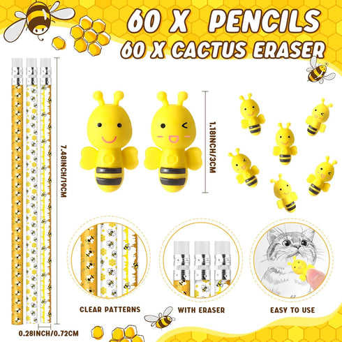 Back to School Gifts for Students, 60 Cute Bee Pencils, 3D Bee Erasers, 30 Welcome Greeting Cards
