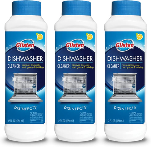Glisten Dishwasher Cleaner, 12 Ounce Bottle, 3-Pack, Removes Limescale, Rust, Buildup, and Grease, Lemon Scent