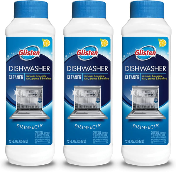 Glisten Dishwasher Cleaner, 12 Ounce Bottle, 3-Pack, Removes Limescale, Rust, Buildup, and Grease, Lemon Scent