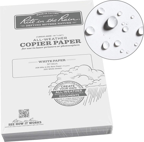 Rite In The Rain Weatherproof Copier Paper, 8.5" x 14", 200 Sheet Pack, 20# White (No. 8514)