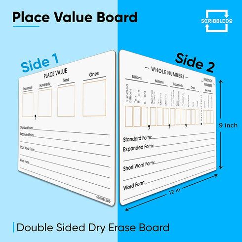 SCRIBBLEDO Place Value Board 9" x 12", Double Sided Dry Erase Boards for Teaching Place Values in Math