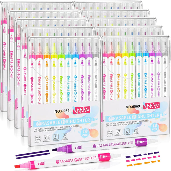 Zhehao 100 Pcs Erasable Highlighters, Double Head Smooth Writing Highlighters, Assorted Colors, No Bleeding School