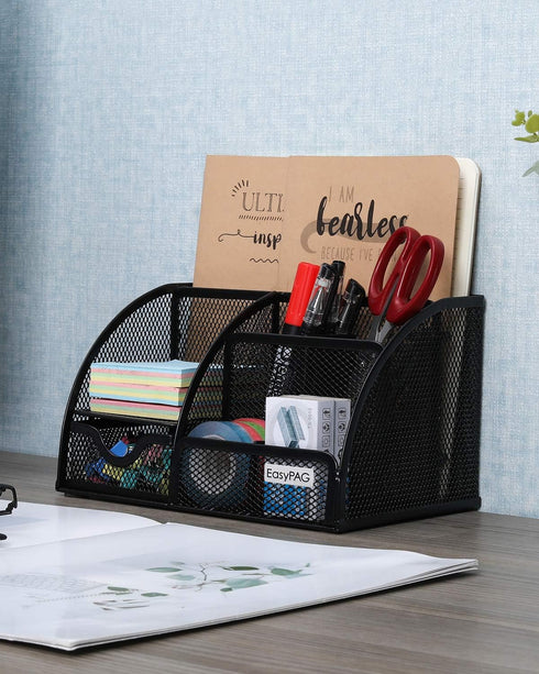 EasyPAG Desk Organizer Mesh Desktop Office Supplies, Multi-functional Caddy with 6 Compartments and 1 Drawer (Black)