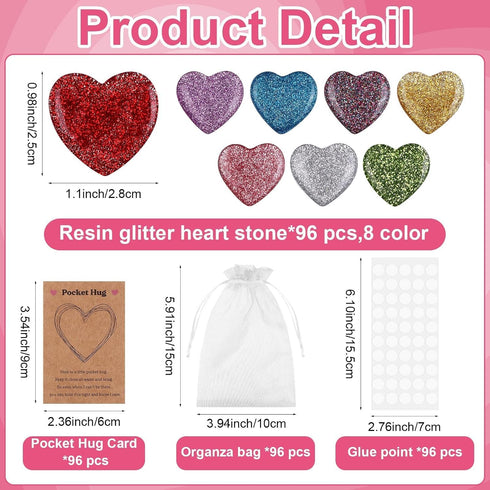 DatingShiny 96 Sets Pocket Hug Token Bulk Natural Heart Crystals with Hug Cards and Organza Bags Pocket Hug Heart