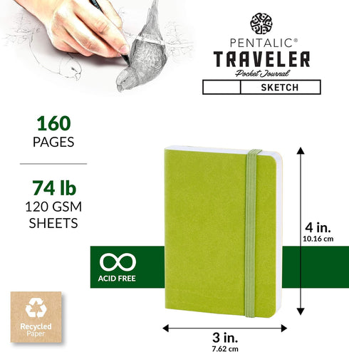 Pentalic Pocket Sketchbook: 3" x 4", 160 Pages, Olive Green