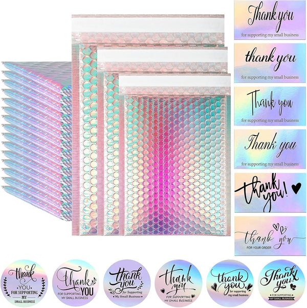 Ycxvacop 50 Pcs Metallic Bubble Mailers,With Thank You Cards and Stickers,Holographic Bubble Mailers,Self