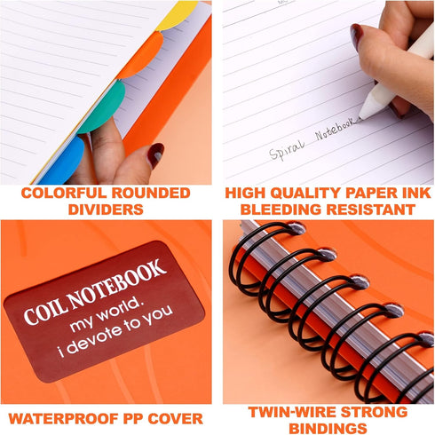 Yoment Spiral Notebook – 8.5'' x 11'', Wide Ruled, 5 Subject with Dividers, 240 Pages, Orange, Back to School Gifts
