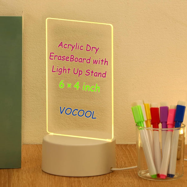VOCOOL Acrylic Dry Erase Board with Light Up Stand, 6×4inch Glowing Desktop Memo Board, LED Note Boards with 7 Markers
