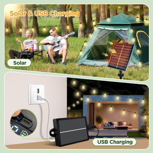 ST38 Bulbs, (25FT) Solar String Lights Outdoor Waterproof with Remote & Timer, LED Shatterproof USB & Solar Powered