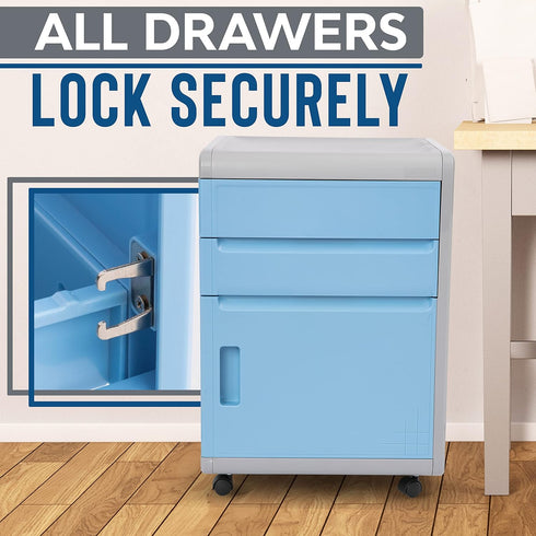 SereneLife 2 Drawer Rolling Cabinet, 3 Compartment Organizer Filing Desk with Coded Lock, Gray/Blue, 16.25” L x 16.5” W