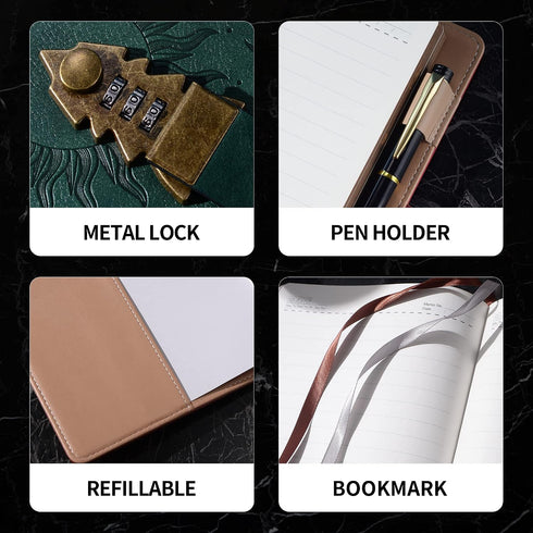 A5 240 (8.5 5.9inch) ZXHQ Lock Journal with Pen, Pages Diary with Lock, Brown Edge, Refillable, Leather Hardcover Dark