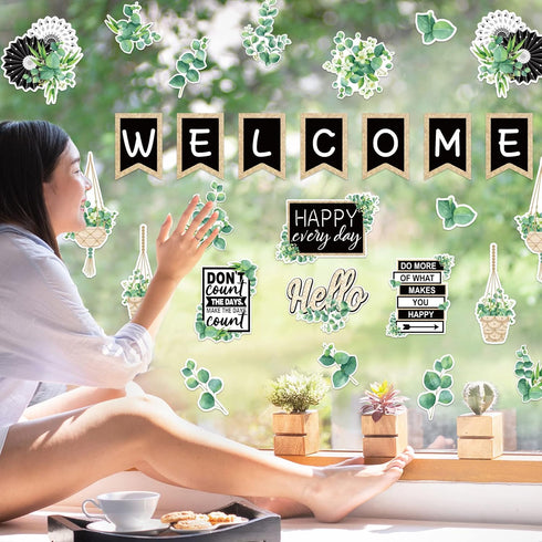 Whaline 29 Pieces Eucalyptus Bulletin Board Set, Welcome Banner and Boho Greenery Calendar Cutout Decorations for