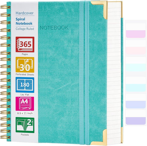 Spiral Notebook, 365 Page Hardcover College Ruled, 8.5" x 11", Large Leather Journal for Men Women, Teal