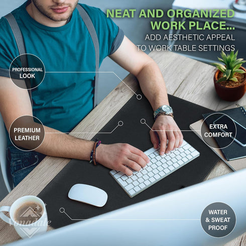 Leather Desk Mat for Keyboard and Mouse, Black Office Desk Mat Cable Organizer, 13.8" x 23.6"