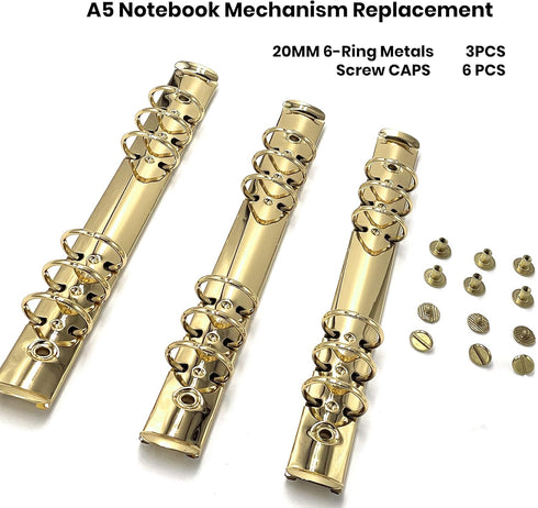 Performore 3 Pack A5 Notebook Mechanism Replacement Kit, 20mm 6-Ring Metal Binder Mechanisms for Loose Leaf Notebook,