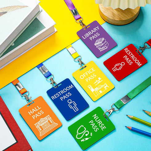 Sabary 6 Sets Hall Pass Lanyards - Unbreakable Wooden Bathroom Passes for Classrooms, Office & School Supplies