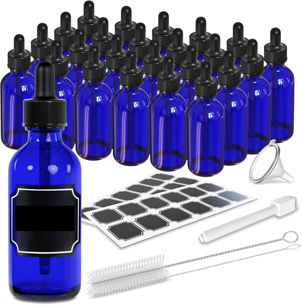 Nevlers 24 pack Blue 2 Oz Glass Dropper Bottles, Cobalt Glass Bottles for Essential Oil Storage with Droppers, Funnel,