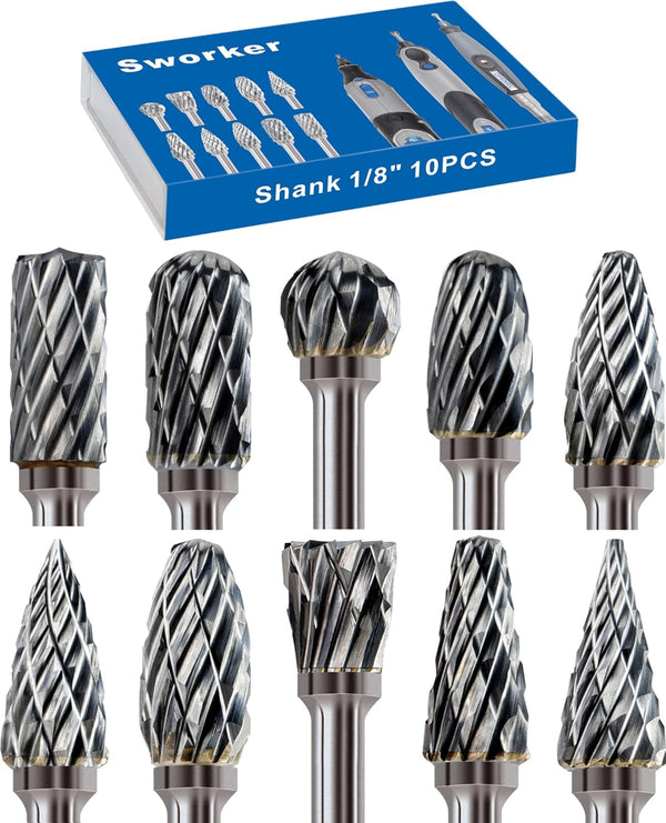 10 Pcs Carbide Burr Set 1/8" Shank Compatible with Dremel Milwaukee Bits Rotary Tools Attachment Kit for Metal, Wood,