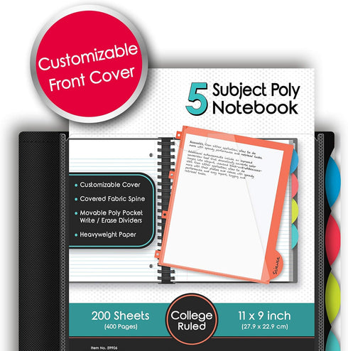 IQ+ iScholar 5-Subject Poly Cover Wirebound Notebook, College Ruled, 11 x 8.5 Inch Sheet Size, 200 Sheets, Black (59906-BK)