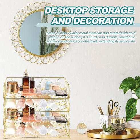Yeaqee 4 Tier Stackable Paper Tray, Gold Desk Organizer Rack, Metal Letter File Organizer, Horizontal Holder for Office