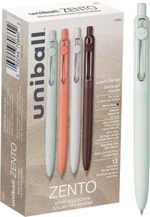 Uniball Zento Gel Ink Rollerball Pens, 12 Black Medium Point Smooth Writing Colored Japanese Pens