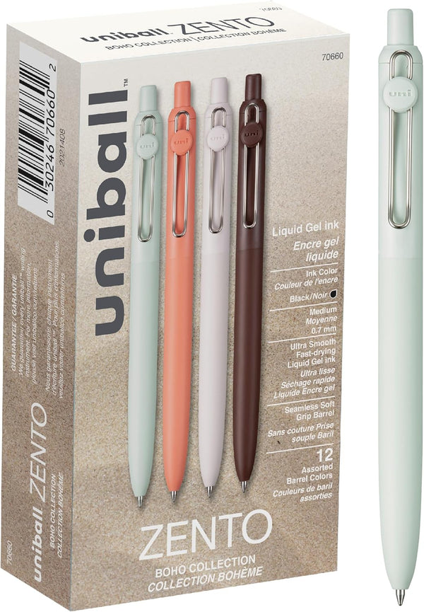 Uniball Zento Gel Ink Rollerball Pens, 12 Black Medium Point Smooth Writing Colored Japanese Pens