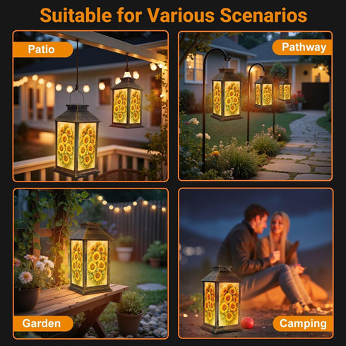 DERUINVAIO Solar Lantern Outdoor Waterproof Vibrant Sunflower Bouquet Golden Petals Green Leaves Garden Decor LED