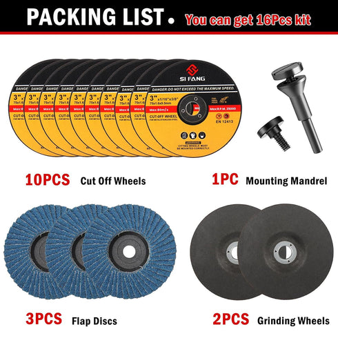 16Pcs 3 inch Cut-Off Wheel Grinding Wheel Flap Discs Kit with 3/8" Arbor 1/4" Stem Mounting Mandrel Die Grinder Accessories Drill Attachment, Metal Stainless Steel Wood Cutting and Grinding