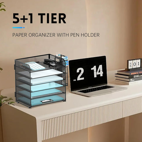 SUPEASY 6 Tier Black Paper Organizer with 4 Pen Holders, Mesh Desk Letter Tray, A4 File Folder Organizer
