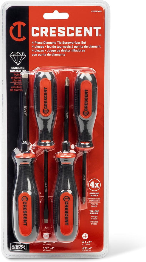 Crescent Diamond Tip Screwdriver Set - 4PC Dual Material Phillips and Slotted Screwdrivers