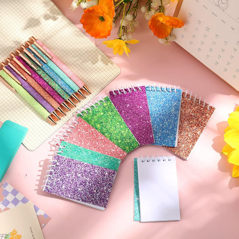 Sherr 16 Pcs Glitter Notebooks and Pens, Mini Pocket Notepads, Colorful Ballpoint Pens for Kids and Office Supplies