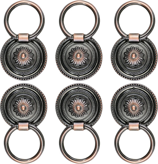 6pcs Red Bronze Cabinet Knobs, Vintage Drop Ring Drawer Pulls with Screws for Kitchen Cupboard, Vanity, Nightstand