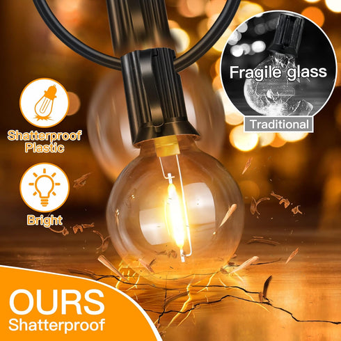 Ollny 25FT Outdoor String Lights - Waterproof Connectable Shatterproof Lights with 13 Edison + 1 Spare LED Bulbs