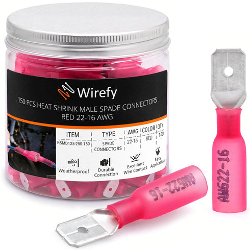 150 PCS Wirefy Male Spade Connectors - Heat Shrink Quick Disconnect Electrical Spade Terminals, Red 22-16 Gauge