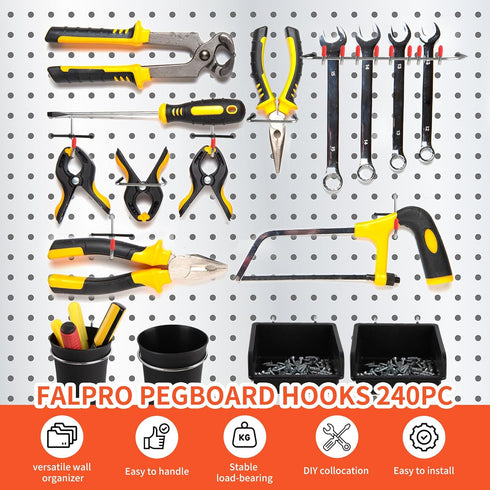 240PCS Pegboard Hooks Assortment Organizer Kit with Pegboard Bins and Cups for Garage Wall Organization