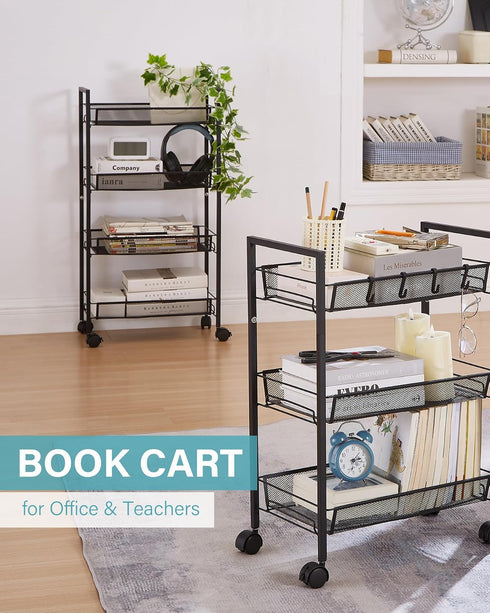 crkmire 4 Tier Metal Rolling Cart, Utility Storage Cart with Wheels and Handle Mobile Book Art Snack Diaper Baby