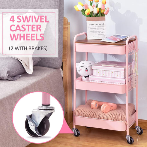 TOOLF Pink 3 Tier Rolling Cart, Metal Utility Cart with Wheels & Wooden Top, Organizer for Kitchen, Office, Bathroom