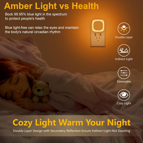 YUNLEX 4 Pack 3-Level Dimmer, Amber Night Light, Dusk to Dawn Sensor, Warm Glare-Free Reflected Glow, Auto On/Off