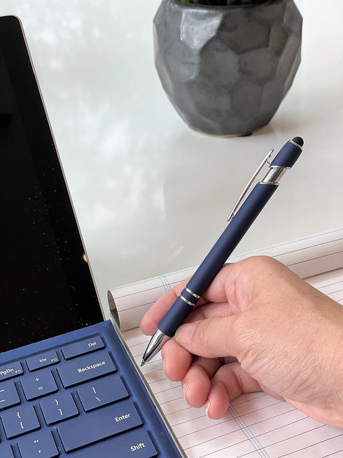 Pack of 5 Rubberized Comfort Soft Touch 2 in 1 Ballpoint Pen, Capacitive Stylus Tip, Black Ink, Dark Navy Blue
