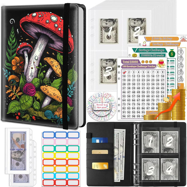 Money Saving Binder with 100 Cash Envelopes, Budget Binder & 3 Planner Trackers, Red Mushroom PU Leather
