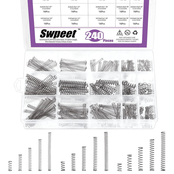 Swpeet 240Pcs Stainless Steel Compression Springs Assortment Kit, Mini Extension Springs for Shop Repairs