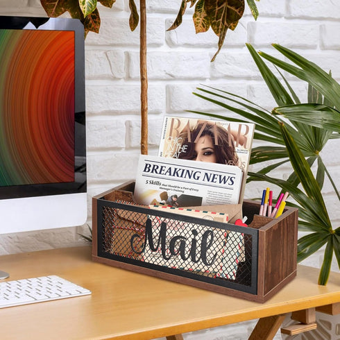 Mail Organizer with 2 Slots, Wood Mail Basket Sorter for Wall Table Countertop, Bill Envelope Letter Holder for Home