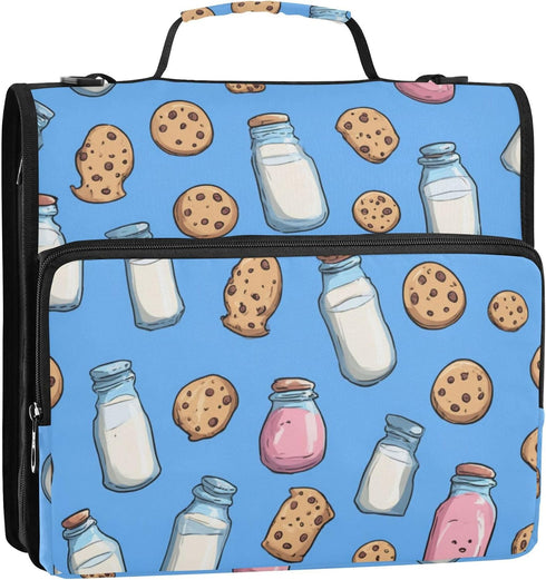 Fisyme 3 Cookies and Milk Cartoon Zipper Binder Ring with Zipper and Shoulder Strap Large Capacity Multi-Pocket Binder
