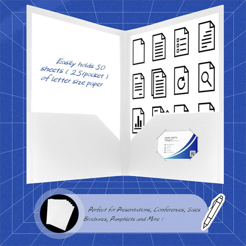Patelai 50 Pack Heavy Duty Plastic Pocket Folders, 2 Pocket Letter Size, Business Card Holder, White Color for School