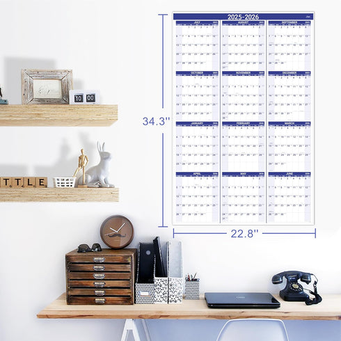 Yearly Wall Calendar 2025-2026 - JUL 2025 - JUN 2026, 12 Month Calendar with Bonus Pocket, X-Large Vertical (34.3" x