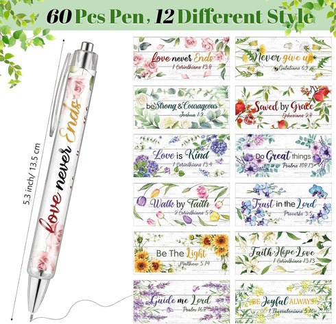 Ctosree 60 Pcs Bible Verse Ballpoint Pens, Christian Flower Pens with Inspirational Quotes for School Office Supplies